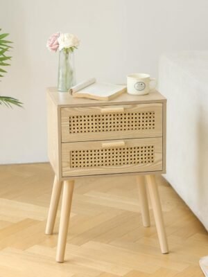 Rattan Nightstand with Storage, Wood Bedside Table with 2 Rattan Drawers, Boho Night Stand Modern End Side Table for Bedroom and Small Space, Natural Walnut