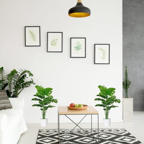 Set of 2 Artificial Monstera Deliciosa Plants in Pots, Fake Tropical Palm Tree with Greenery Leaves Stems, 28 Inch Artificial Cheese Plant for Home Bathroom, Office, Windowsill Decor