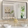 22x30 Inch Bronze Bathroom Mirror for Vanity, Brushed Bronze Metal Frame Mirror for Wall, Rounded Rectangle Bronze Frame Mirror with Tempered Glass, Anti-Rust (Horizontal/Vertical)