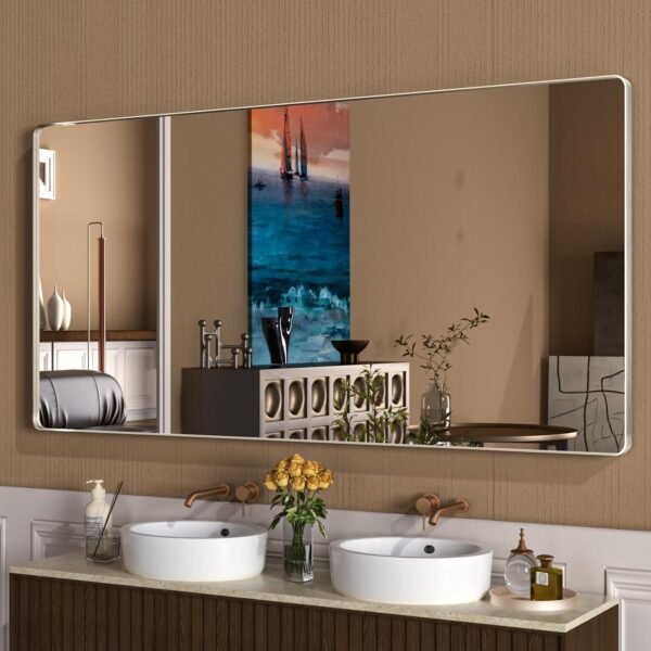 22x30 Inch Bronze Bathroom Mirror for Vanity, Brushed Bronze Metal Frame Mirror for Wall, Rounded Rectangle Bronze Frame Mirror with Tempered Glass, Anti-Rust (Horizontal/Vertical)