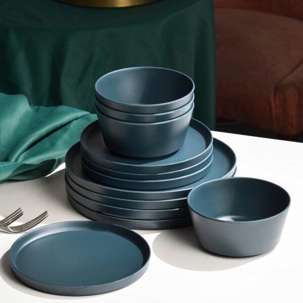 12Pcs Melamine Dinnerware Set, White Dinnerware Set Indoor and Outdoor Use Plates and Bowls Sets For 4 Dishes Camping Dishwasher Safe BPA Free(Sage White)