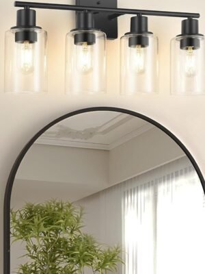 4-Light Black Bathroom Light Fixture, Vanity Light Over Mirror with Clear Glass Shade, Modern Sconce Wall Lighting with Metal Base, for Mirror Bedroom Powder Room Hallway, Black B04BD05