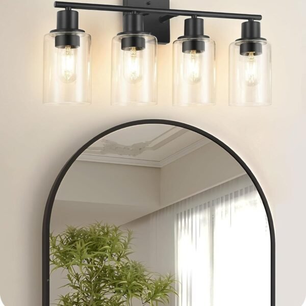 4-Light Black Bathroom Light Fixture, Vanity Light Over Mirror with Clear Glass Shade, Modern Sconce Wall Lighting with Metal Base, for Mirror Bedroom Powder Room Hallway, Black B04BD05