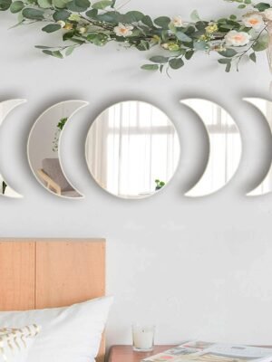 5 Pieces Acrylic Mirror Wall Stickers Natural Wall Decor Self Adhesive Mirrors Stickers Moon Phase Mirror Bohemian Wall Decoration for Home Living Room Bathroom Bedroom Decor (20cm)