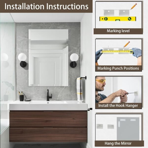 16x24 inch Beveled Bathroom Mirror, Rectangle Frameless Mirror, 1" Polished Beveled Edge Wall Mirror, Beveled Square Mirror for Bathroom, Living Room, Bedroom