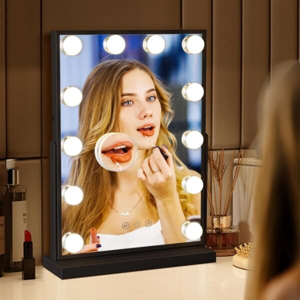 Vanity Mirror with Lights, Black Lighted Makeup Mirror with 12 LED Bulbs for Desk and Wall, Dimmable 3 Lighting Modes, 360-degree Rotating with USB-C and Charger (16”x12”)