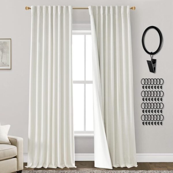 108 Inch Long Blackout Curtains & Drapes for Track System Pleated with Hooks Rings 2 Panels Set,Linen Black Out Back Tab 9FT Ceiling to Floor Length Curtains for Living Room,Cream Ivory