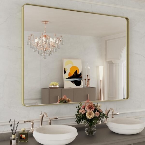 22x30 Inch Bronze Bathroom Mirror for Vanity, Brushed Bronze Metal Frame Mirror for Wall, Rounded Rectangle Bronze Frame Mirror with Tempered Glass, Anti-Rust (Horizontal/Vertical)