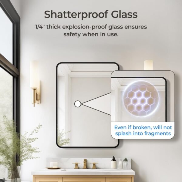 Black Bathroom Mirror 22 x 30 Inch, Matte Black Rectangle Mirror for Wall, Rounded Metal Frame Vanity Mirror