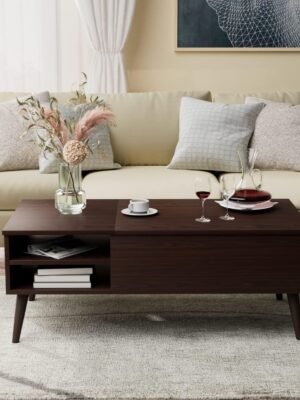 Wood Lift Top Coffee Table with Hidden Compartment, Storage Shelf and Metal Frame, Modern Center Table for Home Living Room Office (Deep Brown)