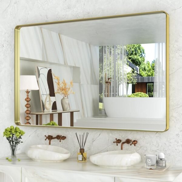 22x30 Inch Bronze Bathroom Mirror for Vanity, Brushed Bronze Metal Frame Mirror for Wall, Rounded Rectangle Bronze Frame Mirror with Tempered Glass, Anti-Rust (Horizontal/Vertical)