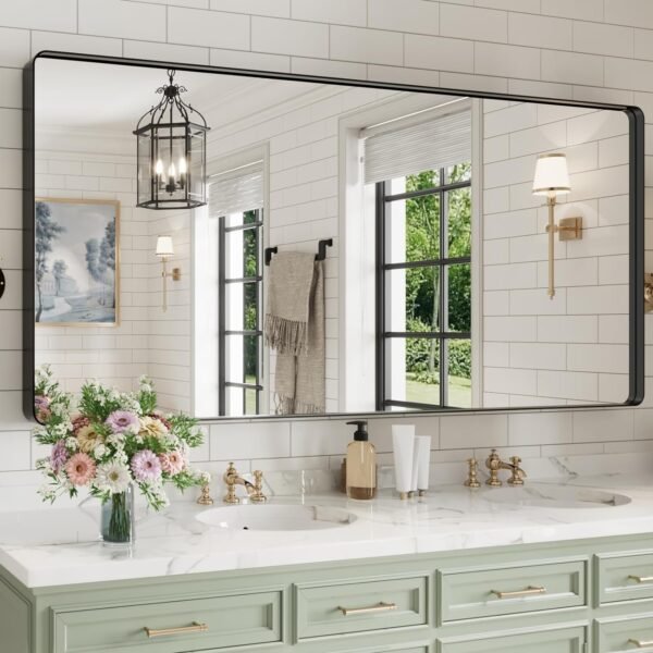 22x30 Inch Bronze Bathroom Mirror for Vanity, Brushed Bronze Metal Frame Mirror for Wall, Rounded Rectangle Bronze Frame Mirror with Tempered Glass, Anti-Rust (Horizontal/Vertical)