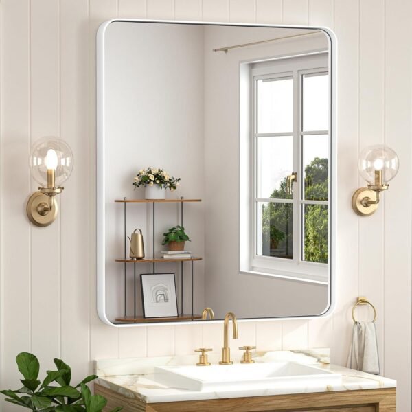 71c5YoTvdVL._AC_SL1500.jpg Black Metal Framed Bathroom Mirrors for Wall, 20 x 30 Inch Rounded Rectangle Bathroom Vanity Mirror, Matte Black Farmhouse Mirror with Seamless Frame, HD Tempered Glass(Horizontal/Vertical)