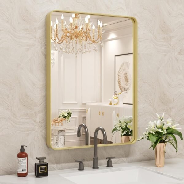 22x30 Inch Bronze Bathroom Mirror for Vanity, Brushed Bronze Metal Frame Mirror for Wall, Rounded Rectangle Bronze Frame Mirror with Tempered Glass, Anti-Rust (Horizontal/Vertical)