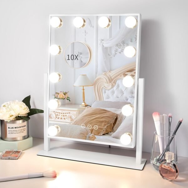 Vanity Mirror with Lights,Lighted Vanity Mirror with 9 Dimmable Bulbs for Dressing Room & Bedroom,3 Color Lighting,Modes Detachable 10x Magnification 360°Ratation(White)