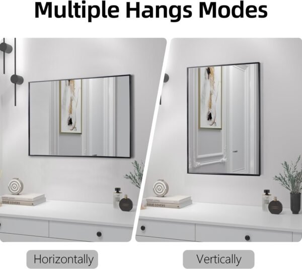 Black Bathroom Vanity Mirror for Wall, 16X24 Inch Aluminum Framed Wall Mirror Rectangle, Modern Square Corner Bathroom Vanity Mirror for Bedroom, Living Room, Hangs Horizontally or Vertically