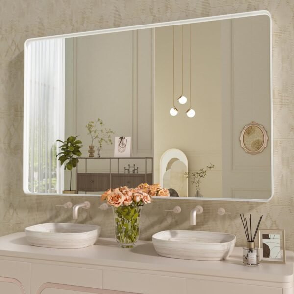 22x30 Inch Bronze Bathroom Mirror for Vanity, Brushed Bronze Metal Frame Mirror for Wall, Rounded Rectangle Bronze Frame Mirror with Tempered Glass, Anti-Rust (Horizontal/Vertical)
