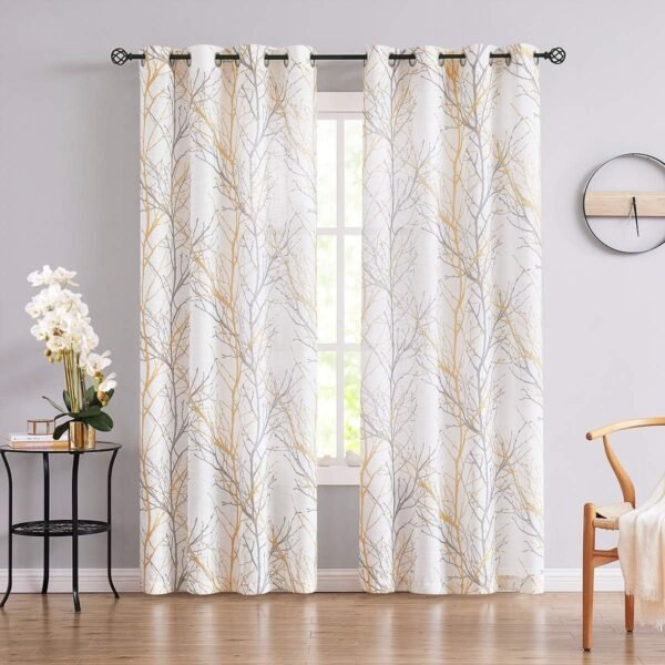 Tree Print Yellow Grey and White Curtains for Living Room Windows - Linen Textured Grommet Branches Pattern Window Treatment Set for Bedroom - 50" W x 96" L - (2 Panels)