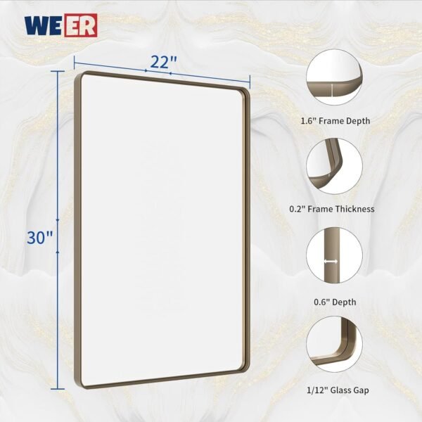 22x30 Inch Bronze Bathroom Mirror for Vanity, Brushed Bronze Metal Frame Mirror for Wall, Rounded Rectangle Bronze Frame Mirror with Tempered Glass, Anti-Rust (Horizontal/Vertical)