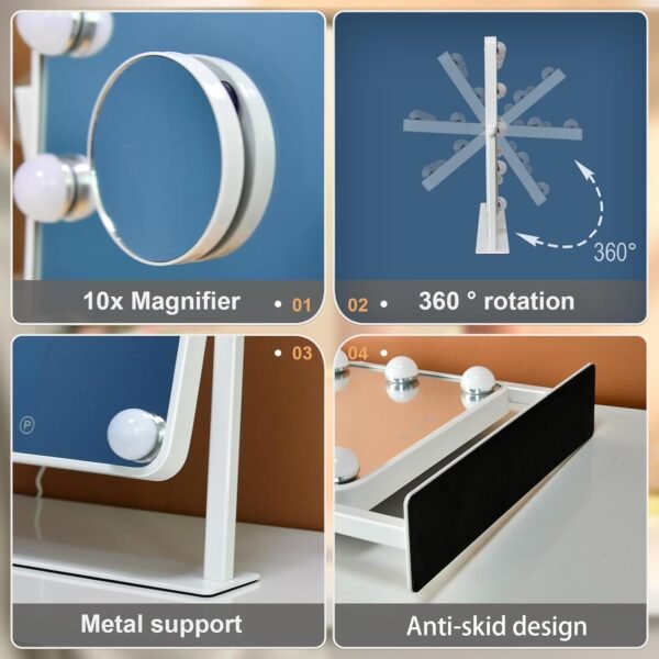 Makeup Vanity Mirror with Lights,17.5"×13.7" Tabletop Led Hollywood Mirror with 12 Dimmable Bulbs,Smart Touch Control 3 Colors Light 10X Magnification 360°Rotation
