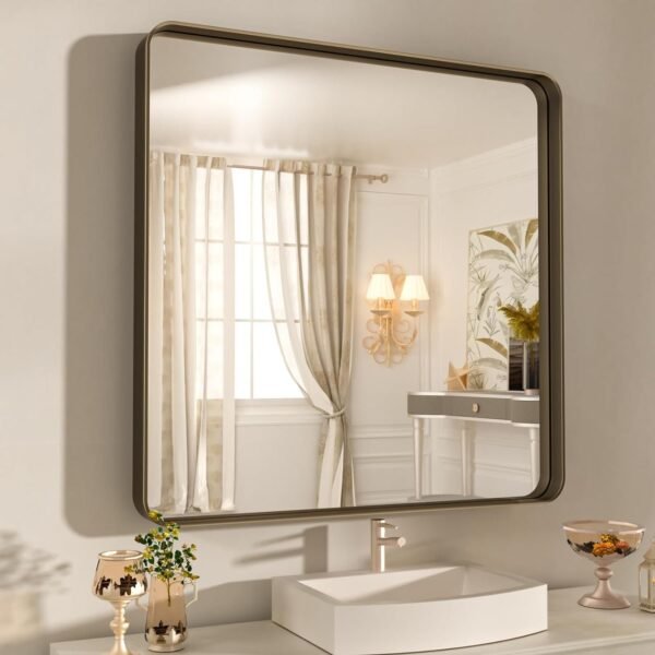 22x30 Inch Bronze Bathroom Mirror for Vanity, Brushed Bronze Metal Frame Mirror for Wall, Rounded Rectangle Bronze Frame Mirror with Tempered Glass, Anti-Rust (Horizontal/Vertical)