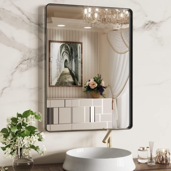 22x30 Inch Bronze Bathroom Mirror for Vanity, Brushed Bronze Metal Frame Mirror for Wall, Rounded Rectangle Bronze Frame Mirror with Tempered Glass, Anti-Rust (Horizontal/Vertical)