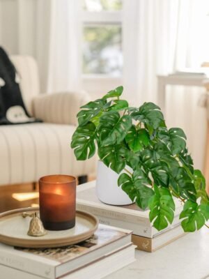 Fake Plants Indoor 8 Inch Artificial Monstera Leaves in Ceramic Pot - Faux Potted Tropical Palm Plant for Home Aesthetic Decor Living Room Shelf Office