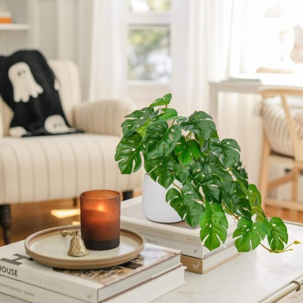 Fake Plants Indoor 8 Inch Artificial Monstera Leaves in Ceramic Pot - Faux Potted Tropical Palm Plant for Home Aesthetic Decor Living Room Shelf Office