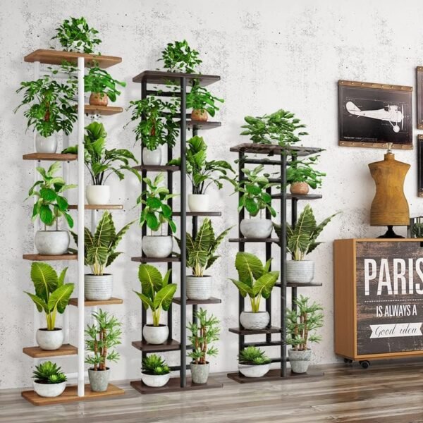 Plant Stand, Multiple Flower Pot Holder Shelf, Wood and Metal Tall Plant Display Rack Storage Organizer for Indoor, Outdoor, Garden, Patio, Balcony(8 Tier 9 Potted)