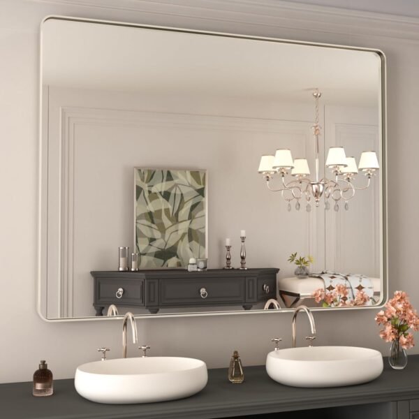 22x30 Inch Bronze Bathroom Mirror for Vanity, Brushed Bronze Metal Frame Mirror for Wall, Rounded Rectangle Bronze Frame Mirror with Tempered Glass, Anti-Rust (Horizontal/Vertical)