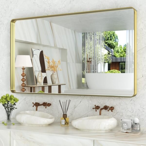 22x30 Inch Bronze Bathroom Mirror for Vanity, Brushed Bronze Metal Frame Mirror for Wall, Rounded Rectangle Bronze Frame Mirror with Tempered Glass, Anti-Rust (Horizontal/Vertical)