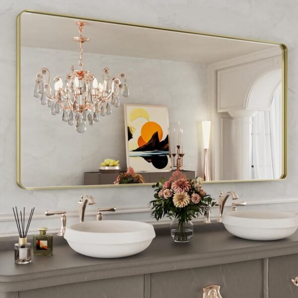 22x30 Inch Bronze Bathroom Mirror for Vanity, Brushed Bronze Metal Frame Mirror for Wall, Rounded Rectangle Bronze Frame Mirror with Tempered Glass, Anti-Rust (Horizontal/Vertical)