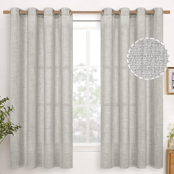 Natural Linen Curtains 63 Inch Length 2 Panels Bronze Grommet Linen Textured Short Window Drapes Light Filtering for Living Room Bedroom, 52 X 63 Inch