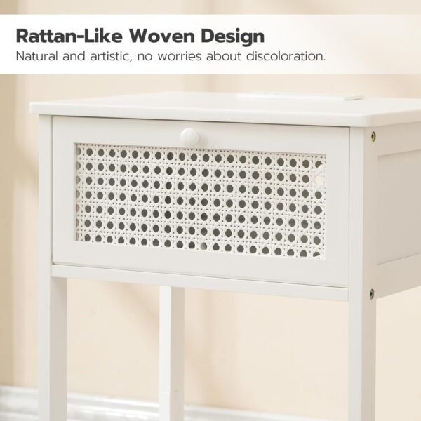 End Table, Bamboo Side Table with Drawer, Rattan Nightstand for Small Space, Tall Bedside Table, Phone Table Easy to Assemble, for Bedroom, Living Room, Study Room, White WT109BZ01