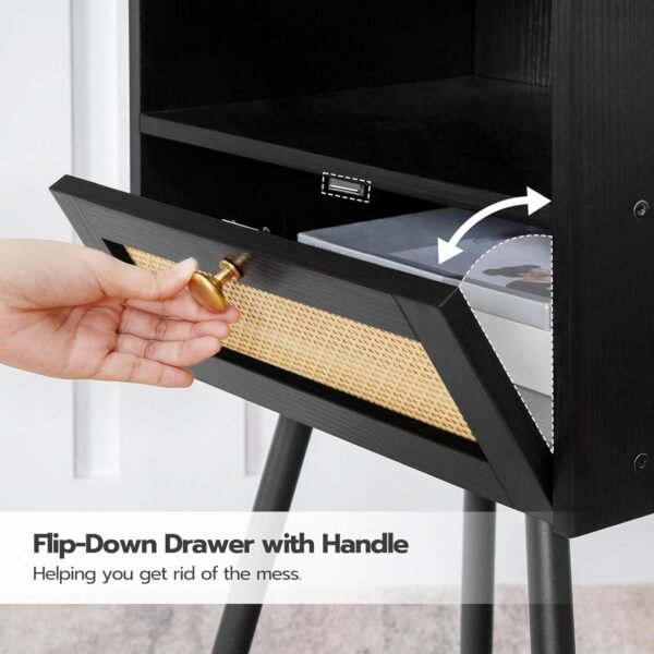 Nightstand with Charging Station, Side Table with Rattan-Like Decor Drawer, Rattan End Table with Open Storage, Bedside Table for Bedroom, Study Room, Black BB92UBZ01