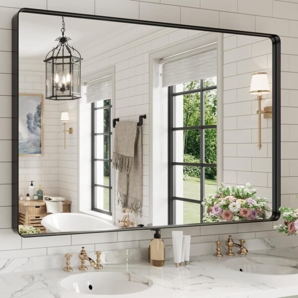 22x30 Inch Bronze Bathroom Mirror for Vanity, Brushed Bronze Metal Frame Mirror for Wall, Rounded Rectangle Bronze Frame Mirror with Tempered Glass, Anti-Rust (Horizontal/Vertical)