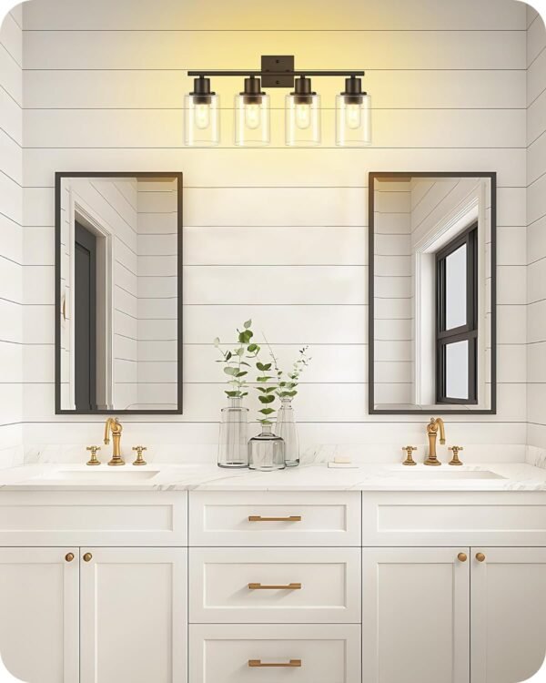 4-Light Black Bathroom Light Fixture, Vanity Light Over Mirror with Clear Glass Shade, Modern Sconce Wall Lighting with Metal Base, for Mirror Bedroom Powder Room Hallway, Black B04BD05