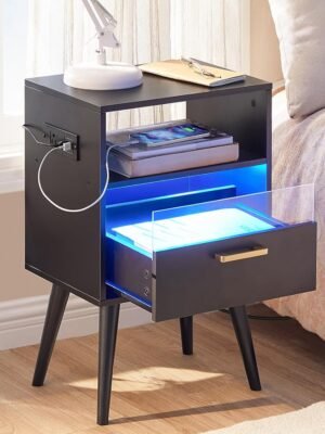 Nightstand with Charging Station and LED Lights, Night Stands with Drawer, End Bedside Table with USB Ports & Outlets, Side Table for Bedroom, LED Nightstands, for Bedroom, Black BB01UDBZ01