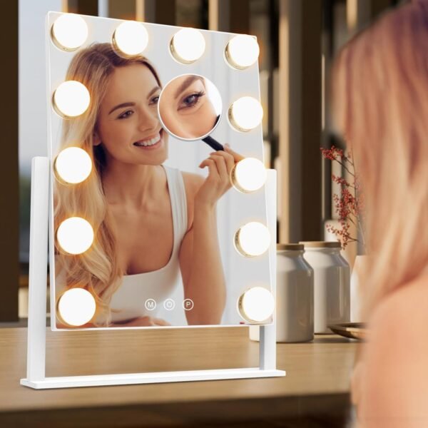 Vanity Mirror with Lights, Makeup Mirror with Lights Lighted Makeup Mirror with 3 Color Lighting Modes and 12 Dimmable Bulbs, Detachable 5X Magnification, Smart Touch Control, 360°Rotation, White