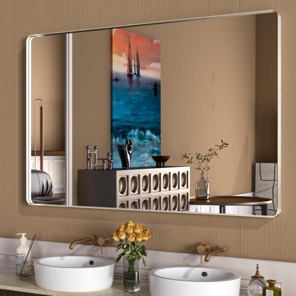 22x30 Inch Bronze Bathroom Mirror for Vanity, Brushed Bronze Metal Frame Mirror for Wall, Rounded Rectangle Bronze Frame Mirror with Tempered Glass, Anti-Rust (Horizontal/Vertical)