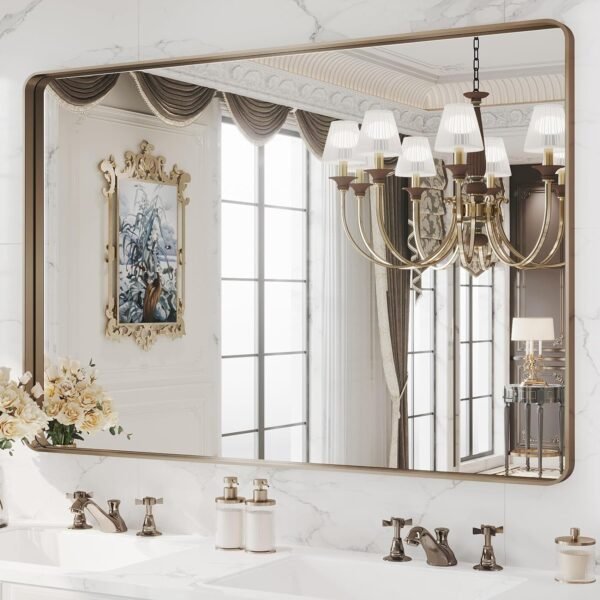 22x30 Inch Bronze Bathroom Mirror for Vanity, Brushed Bronze Metal Frame Mirror for Wall, Rounded Rectangle Bronze Frame Mirror with Tempered Glass, Anti-Rust (Horizontal/Vertical)
