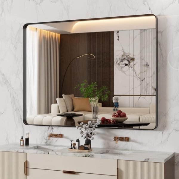 22x30 Inch Bronze Bathroom Mirror for Vanity, Brushed Bronze Metal Frame Mirror for Wall, Rounded Rectangle Bronze Frame Mirror with Tempered Glass, Anti-Rust (Horizontal/Vertical)