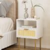 Rattan Nightstand, Drawer Dresser for Bedroom, Small Side Table with Drawer, Bedside Furniture, Night Stand, End Table with Gold Frame for Bedroom, Living Room, White