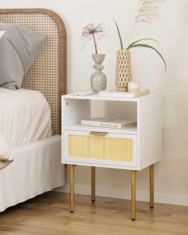 Rattan Nightstand, Drawer Dresser for Bedroom, Small Side Table with Drawer, Bedside Furniture, Night Stand, End Table with Gold Frame for Bedroom, Living Room, White