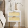 Rattan Nightstand, Drawer Dresser for Bedroom, Small Side Table with Drawer, Bedside Furniture, Night Stand, End Table with Gold Frame for Bedroom, Living Room, White