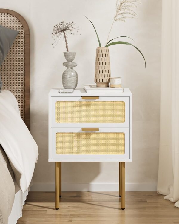 Rattan Nightstand, Drawer Dresser for Bedroom, Small Side Table with Drawer, Bedside Furniture, Night Stand, End Table with Gold Frame for Bedroom, Living Room, White