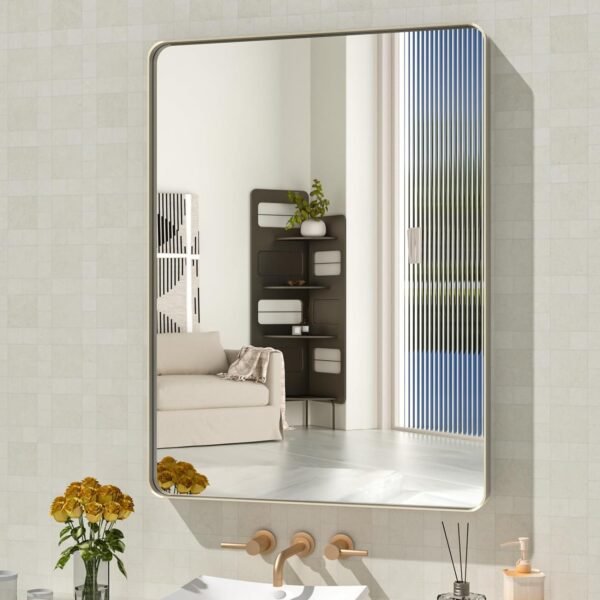 22x30 Inch Bronze Bathroom Mirror for Vanity, Brushed Bronze Metal Frame Mirror for Wall, Rounded Rectangle Bronze Frame Mirror with Tempered Glass, Anti-Rust (Horizontal/Vertical)