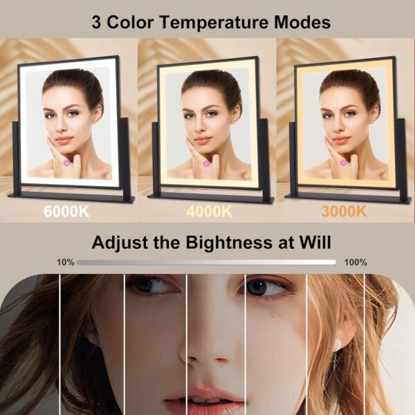 Vanity Mirror with Lights,16"×14" Makeup Mirror with Light Smart Touch Control Dimmable 3 Modes Lighted LED Mirror 360°Rotation Black