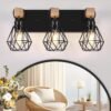 3-Light Farmhouse Bathroom Vanity Light Fixtures, Wood Bathroom Lighting Over Mirror, Black Vanity Lights with Metal Lampshade, Vintage Wall Light Fixtures for Bedroom, Living Room, Hallway