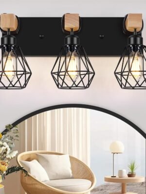 3-Light Farmhouse Bathroom Vanity Light Fixtures, Wood Bathroom Lighting Over Mirror, Black Vanity Lights with Metal Lampshade, Vintage Wall Light Fixtures for Bedroom, Living Room, Hallway